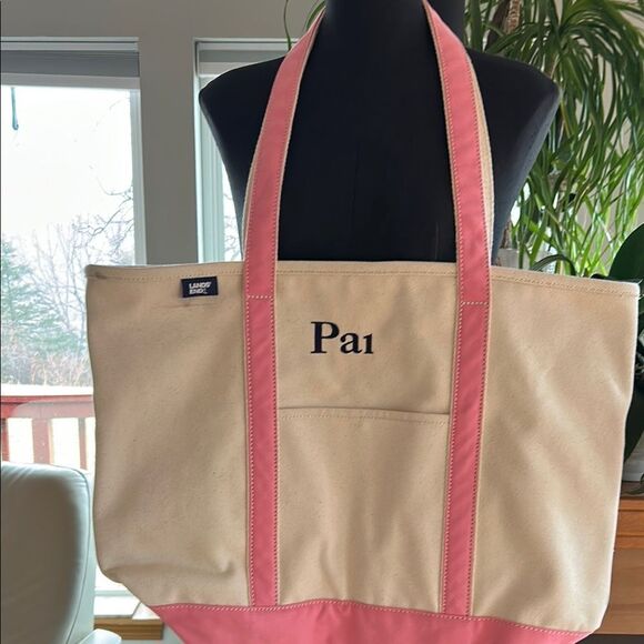 Land's End Large Zippered Canvas Tote pockets Pink Trim initials Pai Long Handle - Picture 3 of 10